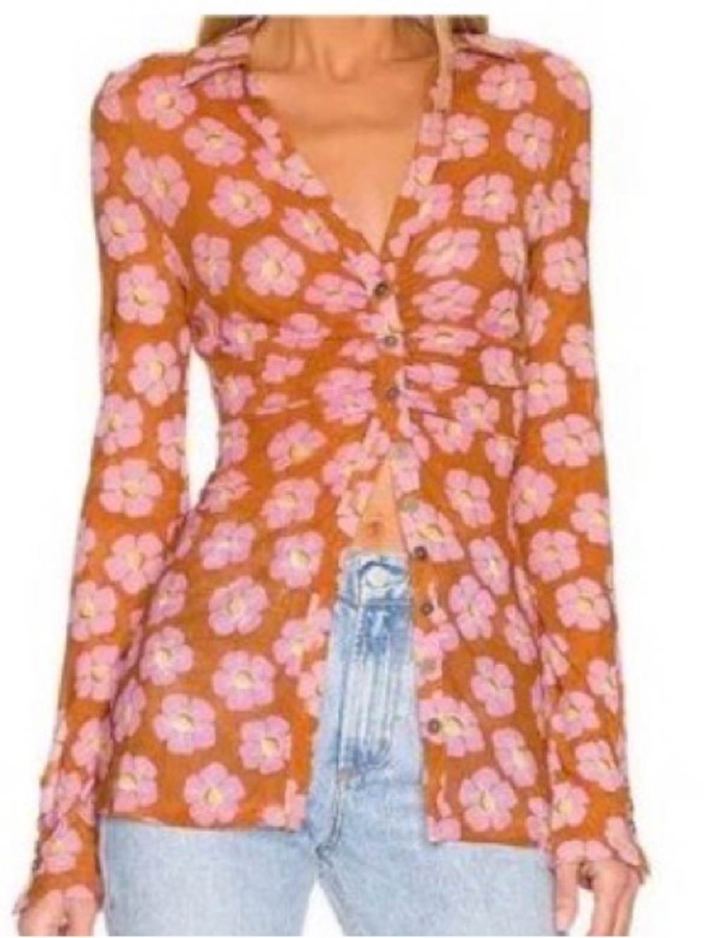 Free People Shirtee Pink & Orange-Rust Floral Button-Front Top, size medium NWT
